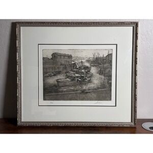 Signed Limited Edition Etching 3/30 Harbor Fishing Boats Framed Nautical Art